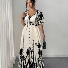 dahkjdgajy  Vestido maxielegante para mujer de talla grande con escote en V, botones delanteros, cintura con lazo y contraste de colores - Albaricoque - Ver 6