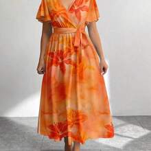 dahkjdgajy  Vestido holgado de talla grande con estampado retro de flores de hibisco, adecuado para primavera y verano - Naranja - Ver 5