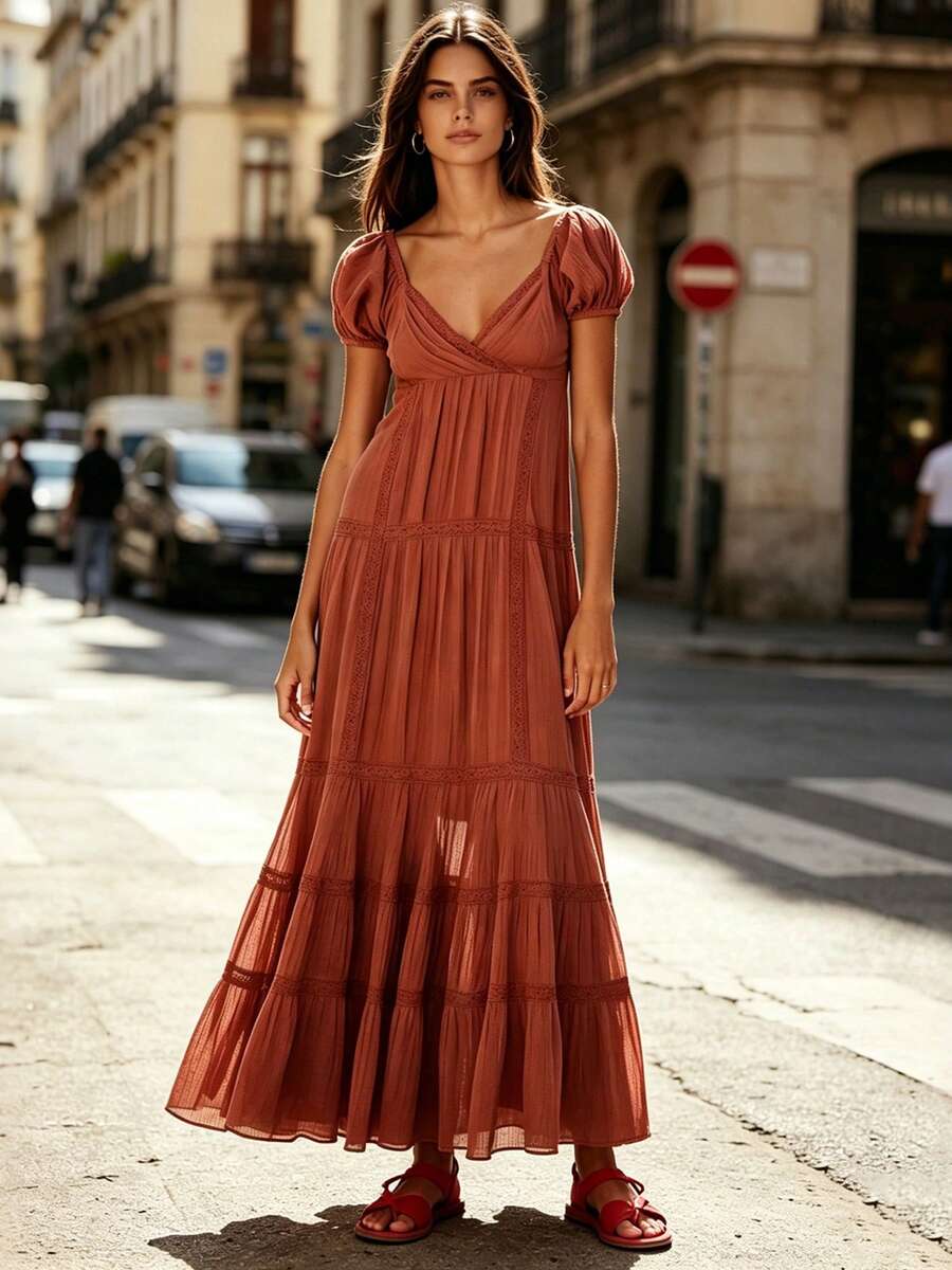 Women's V Neck Long Dress Fashionable Solid Color Lace Patchwork Short Puff Sleeve Flowy Dress - Light Brown - View 1