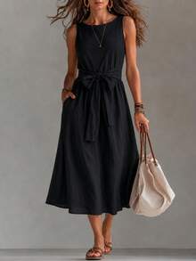 Women's Sleeveless A-Line Dress, Waist Tie, Woven Fabric Casual Summer Dress - Black - View 1