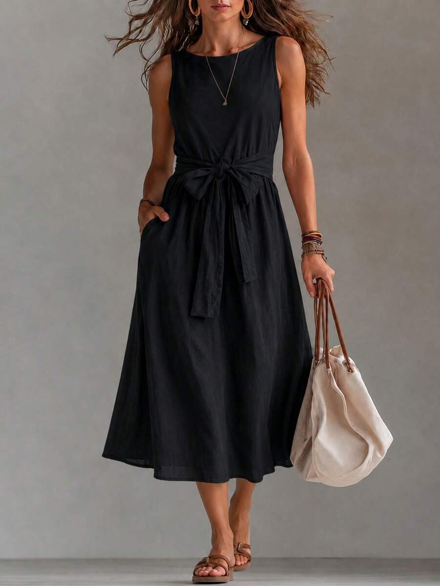Women's Sleeveless A-Line Dress, Waist Tie, Woven Fabric Casual Summer Dress - Black - View 1