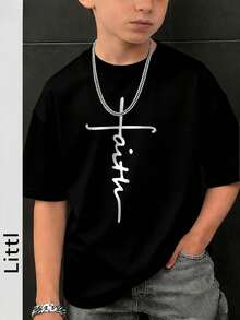 Camiseta casual para niño preadolescente con impresión y cuello redondo blanca de manga corta, prenda superior de verano - Negro - Ver 1
