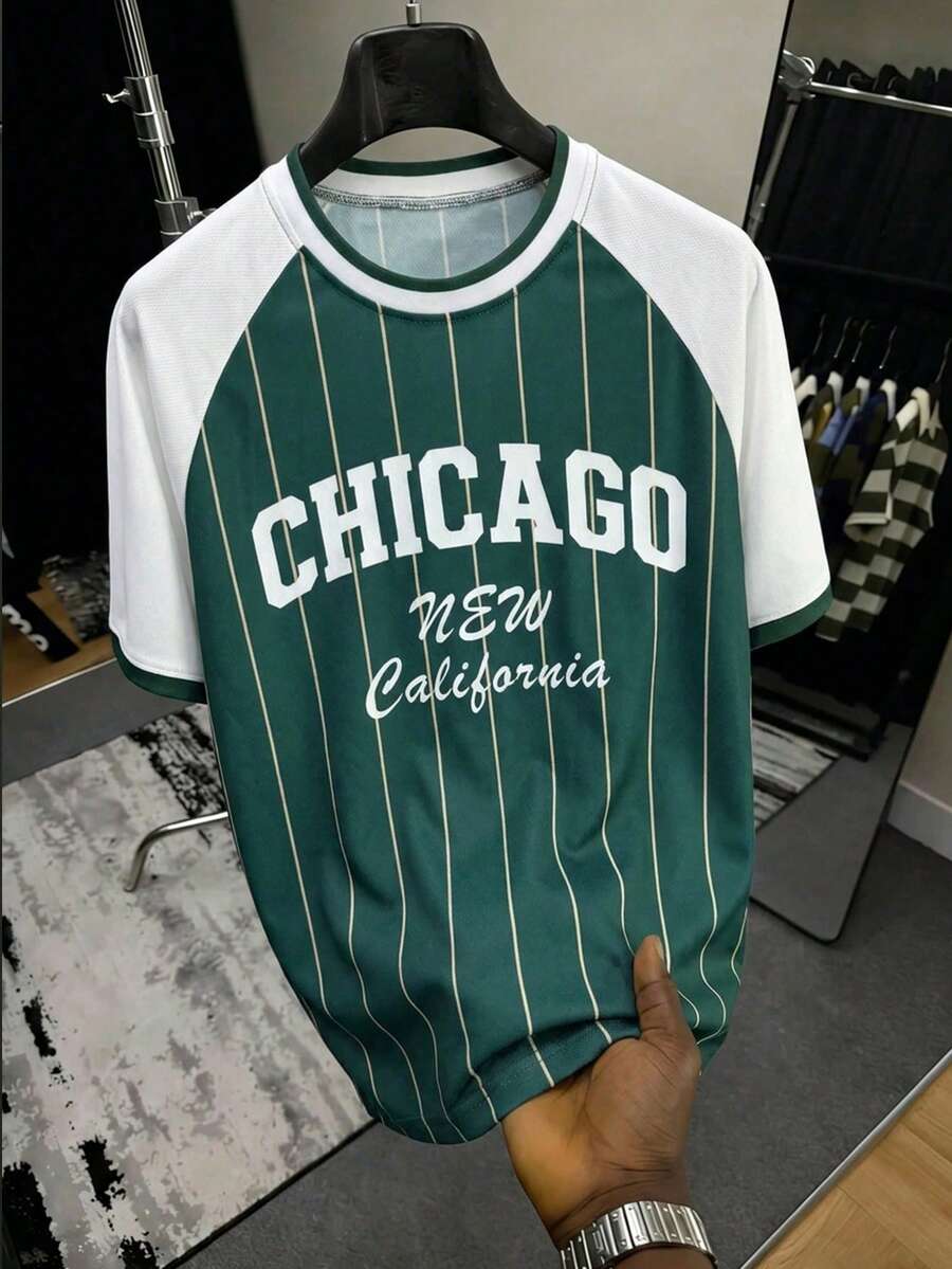 1件青少年男孩復古美式籃球球衣T恤,CHICAGO字母印花短袖上衣,足球世界盃 - 綠色 - 查看 1