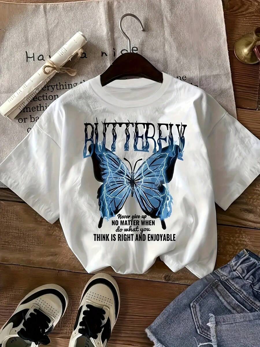 Women's Butterfly Print T-Shirt, Summer Top - Casual, Breathable, Machine Washable, White With Blue Butterfly Pattern, Comfortable Fit For All Seasons, Cotton T-Shirt, Women's Spring Top, Ladies Top - 白色 - 查看 1