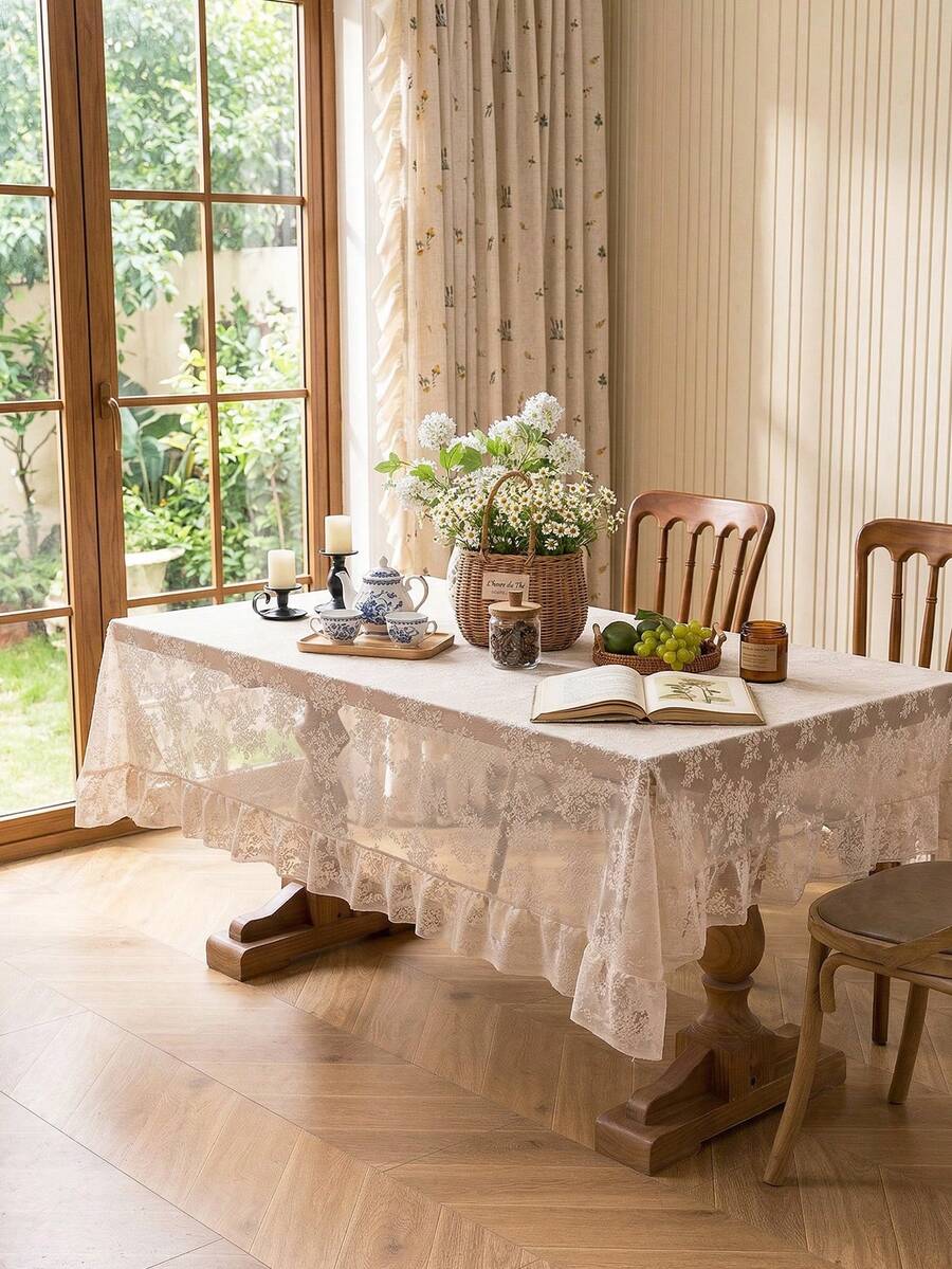 1pc French Country Style Floral Lace Trim Tablecloth Table Cover Holiday Decoration - Beige - View 1