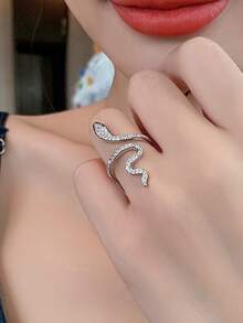 VJS 1pc Women's Oxidized Cubic Zirconia Snake Open Ring, Suitable For Women's Daily Wear And Party Gatherings - Silver - View 5