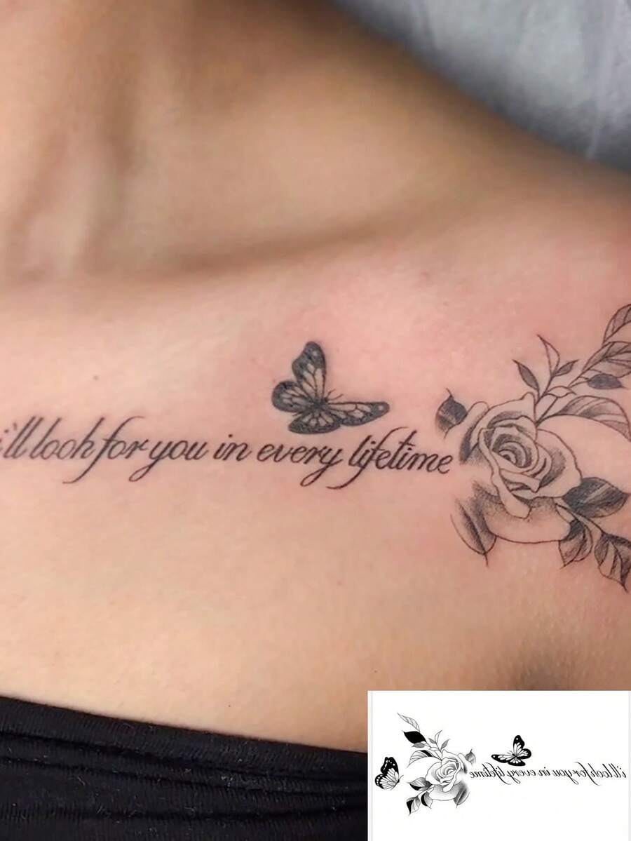 1 pieza Pegatina de tatuaje de mariposa y rosa en inglés, Pegatina de tatuaje de mariposa y rosa de estilo romántico, Adecuada para clavícula / hombro & cuello / brazo - Multicolor - Ver 1