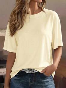 Camiseta Holgada de Cuello Redondo para Mujer, Top de Manga Corta de Color Sólido que Combina con Todo, Suave y Transpirable, Versátil para Uso Diario y Casual de Verano en Negro - Burdeos - Ver 1