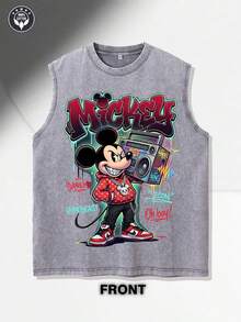 Disney Men's Summer Streetwear Sleeveless Vest - Featuring A Vintage Washed-Black Finish, This Vest Showcases A Graffiti-Style Print Of Mickey Mouse Dressed In Street Gear-Sporting A Red Cap, A Green Jacket, And Red Sneakers-Accented By Vibrant, Colorful Graffiti Graphics. This Retro-Washed, Casual Muscle Tank Is The Ideal Choice For Streetwear Ensembles, Summer Outfits, And Everyday Wear-Perfect For Disney Fans And Streetwear Enthusiasts Alike. - Grey - View 2
