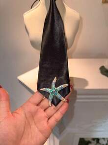 1 buah Dasi Satin Hitam untuk Wanita dengan Bintang Laut Berlian Imitasi Biru Berkilau, Aksesori Gaya Y2K & Gothic yang Lucu untuk Cosplay, Pesta, dan Pakaian Sehari-hari - Bintang laut biru - View 8