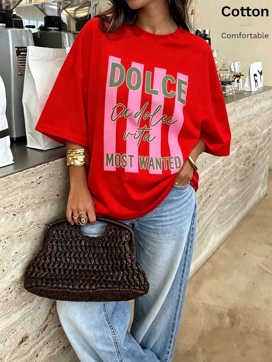 春夏季大版上衣,100%純棉上衣,女款圓領短袖T恤,柔軟舒適,休閒,街頭風,趣味條紋字母標語印花,Y2K,夏季,春季,健身,運動,派對上衣,復古,嘉年華,情人節,春季,女款夏季趣味T恤,度假,海灘,休閒,90年代,可愛上衣,夏季上衣,春季上衣,女款上衣,復活節,嘉年華,辦公室/休息室/居家/極簡主義,西方,80年代美國復古風格,中性,秋冬,情人節,嘉年華 - 紅色 - 查看 1