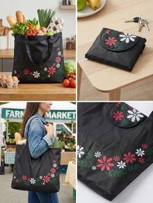 Bolsa de compras reutilizable con diseño de flor de hoja negra, bolsa plegable de gran capacidad, duradera y lavable - Negro - Ver 7