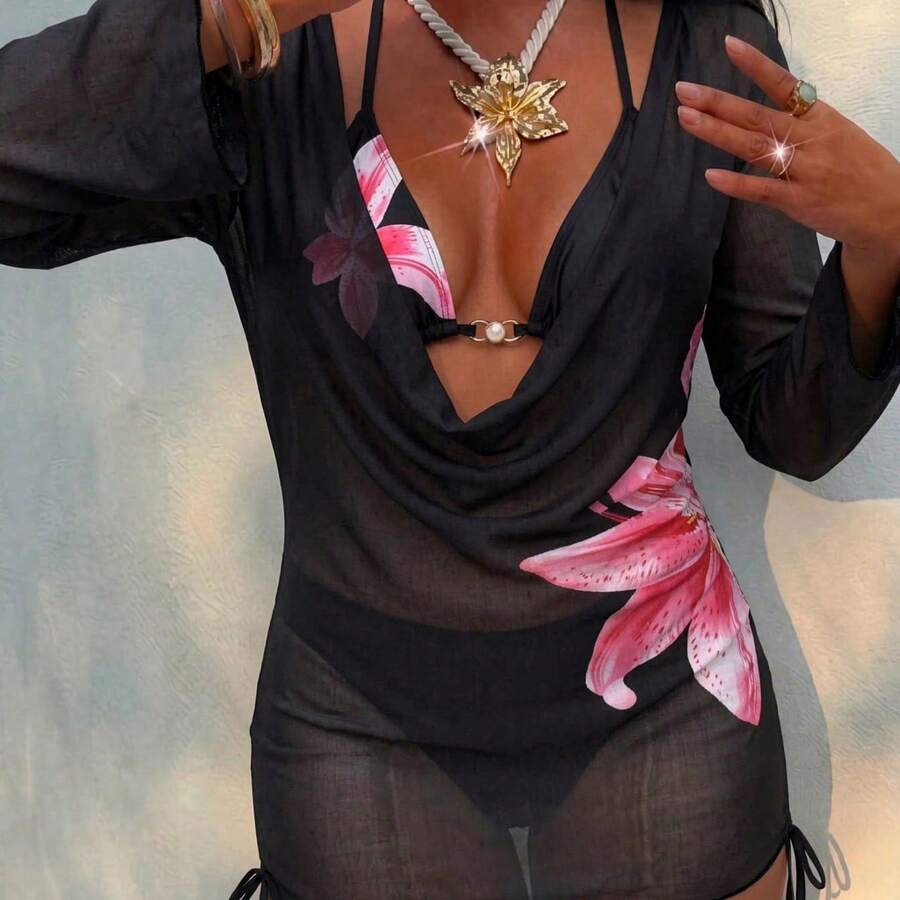 3pcs/Set Floral Jacquard Bikini Set, Including Camisole Top, Bra And Briefs, With Removable Swimwear Pads And Chiffon Printed Cover-Up, Suitable For Summer Vacation, Beach, Festivals And Other Occasions - Multicolor - View 1