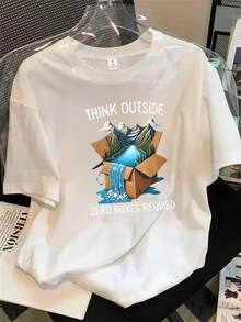 Camiseta de manga corta con cuello redondo para mujer, presentada en una caja de cartón con un estampado de cascada y montaña en la espalda, ideal para todas las estaciones. - Blanco - Ver 1