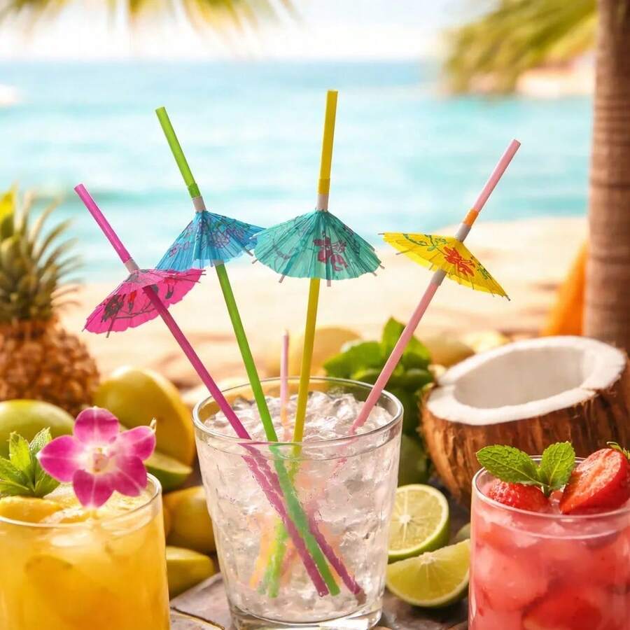 24 Canudos Guarda-chuva P/ Drinks Bebidas Coquetéis - Multicolorido - Visão 1