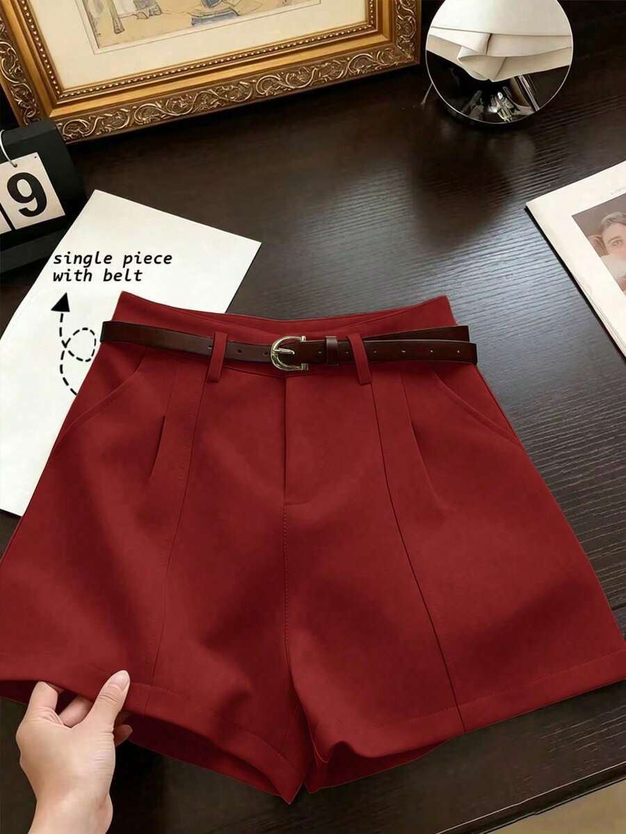 Pantalones cortos minimalistas de moda francesa, tejidos de unicolor, casuales para ir al trabajo, retro, de cintura alta, con silueta A y pierna ancha, para mujeres - Rojo - Ver 1