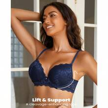 Push Up Bras For Women Add 2 Cups Sexy Lace Cleavage Extra Padded Plunge Bra Underwire - 藏蓝色 - 查看 2