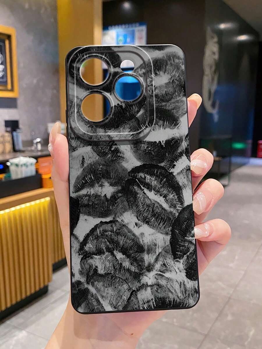 1pc Black Lip Print Shockproof Phone Case, UV Printed Suitable For Samsung/Galaxy/ Android Models - Black - View 1