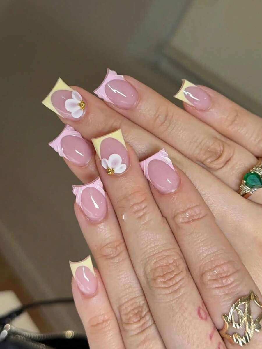 10‑Piece Short Square Handmade Press‑On Nails, Sweet Pink-Yellow French Style With 3D White Bow & Gold Bead Decor, Full‑Cover False Nails For Daily Wear, Dating, Parties, Lovely Manicure For Women And Girls
