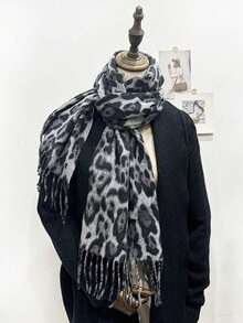 1pc Elegant & Warm Narrow Leopard Print Scarf/Shawl - Grey - View 2