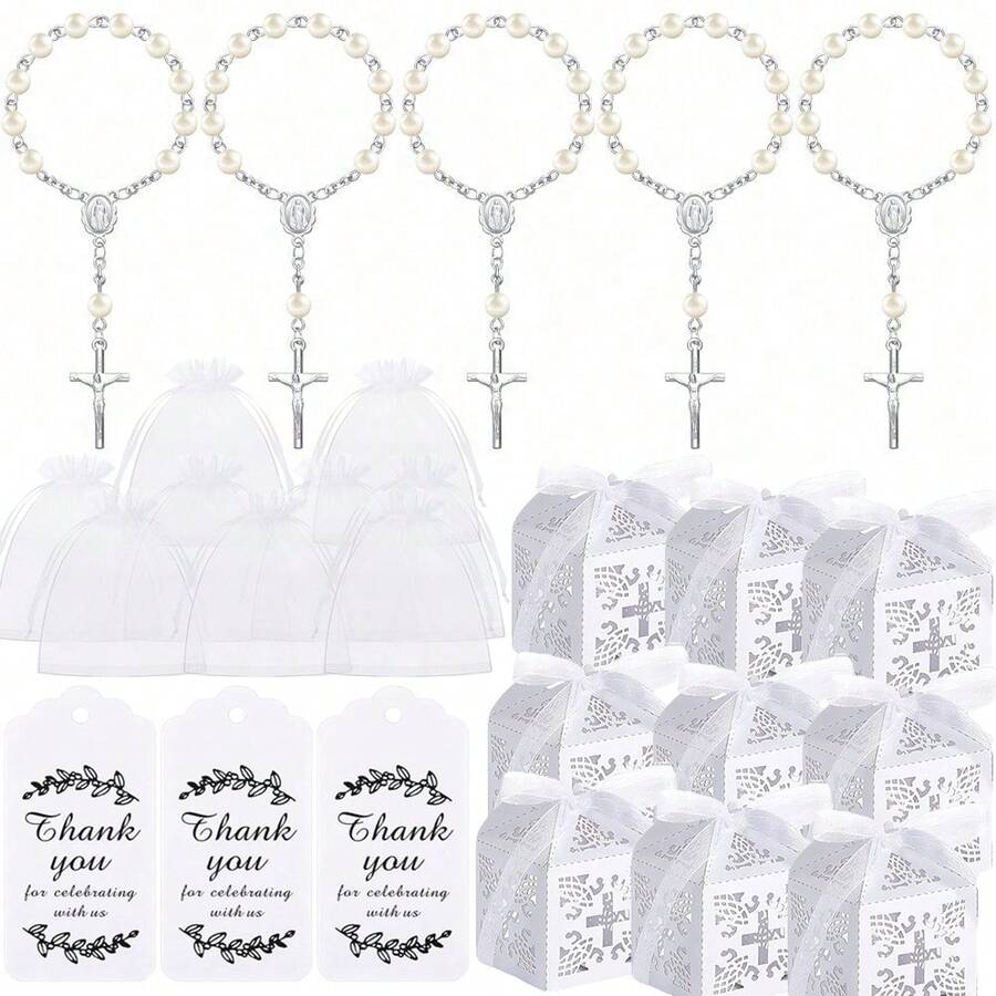 Bộ 100 món quà rửa tội, bao gồm chuỗi hạt mini, hộp quà, túi organza, thẻ cảm ơn - Quà tặng Công giáo (Màu bạc) - Nhiều màu - Xem 1