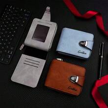 Men's Litchi Grain Wallet, Short Style High-Quality Snap Closure Bifold Wallet, Multi-Card Slots Large Capacity Coin Purse - Multicolor - View 3