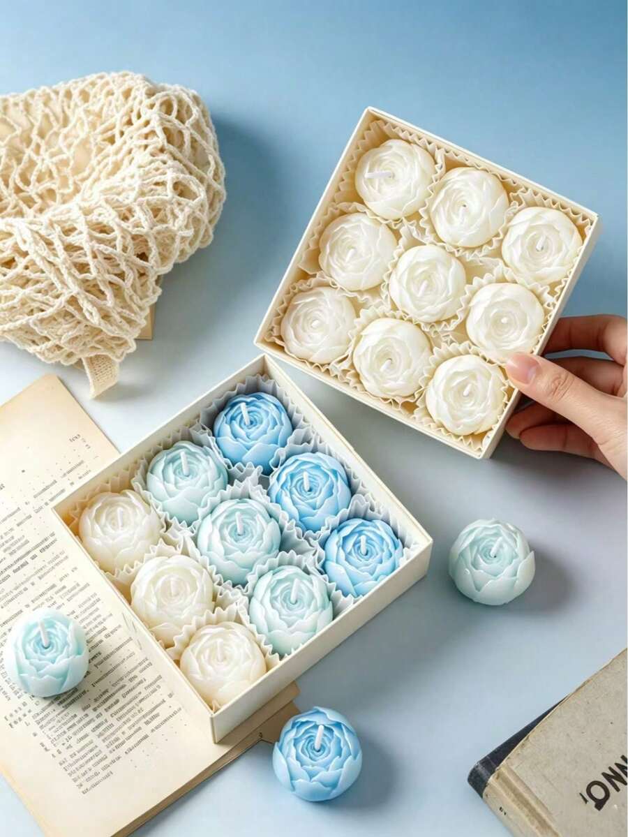 一盒9組玫瑰香氛蠟燭,適合節日禮物、週年紀念、浪漫氛圍,精緻優雅,由手工純大豆蠟製成,香氣持久 - 1PC - 查看 1