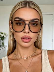 1 pieza Gafas de moda para mujer con montura de aviador de marco grande y doble puente, gafas de metal vintage de gran tamaño para mujer, gafas para conducir al aire libre y viajar, accesorio de playa para verano al aire libre - Marrón - Ver 4