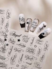 Autocollants pour ongles 5D en relief avec lettres cursives, texte noir & étoiles, décalcomanies pour ongles auto-adhésives, esthétique gothique décadente et cool, décoration DIY pour ongles, convient pour salon de manucure à domicile, accessoires pour ongles artificiels, 1 feuille - Noir et Blanc - Voir 7