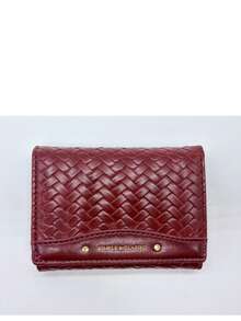 Nueva cartera corta de moda de alta calidad con textura tejida sintética de unicolor, cierre de broche, diseño de tres pliegues, múltiples ranuras para tarjetas y monedero con tachuelas - Rojo - Ver 10