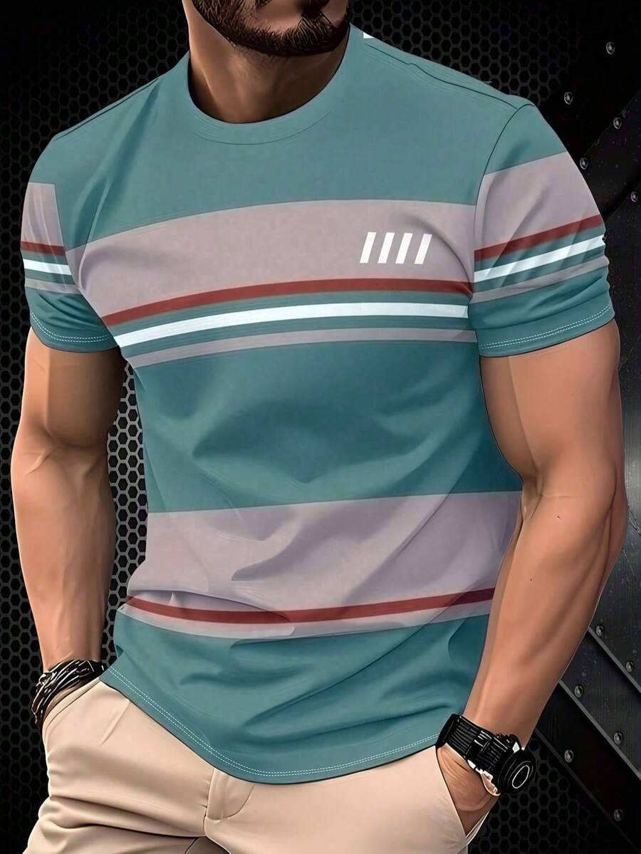 Vintage Striped Crew Neck T-Shirt, Men's Casual Summer Street Style - Green - View 1