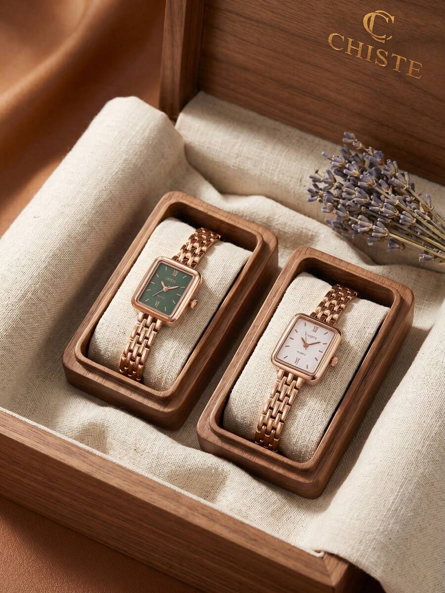 2pcs/Set Rose Gold Square Quartz Watch Set For Teen Girls (White & Green Dial), No Box, Back To School/Vacation Daily Wrist Watch - Multicolor - View 1