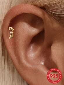925 Sterling Silver Gothic Floral Flat Back Piercing Stud Earrings, Cartilage Conch Ear Jewelry, Women's Floral Hidden Conch Piercing Earrings, Unique Punk Style Jewelry - Gold - View 3