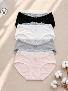 4pcs/Pack Women's Lace Trim Cotton Breathable Comfortable Mid-Waist Everyday Panties Set - Multicolor - View 2