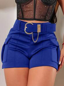 Shorts ajustados estilo retro con cinturón, color sólido y bolsillos decorativos - Negro - Ver 9