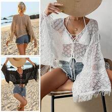Nuevaúnica de playa con estampado de conchas:única para el bikini con flecos y mangas acampanadas que protege del sol - Blanco - Ver 2