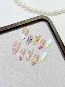 10pcs Medium Almond Fake Nails With Nude Pink Translucent Base, Milky White, Warm Yellow & Light Green Fresh Color‑Block Design, 3D Bows, Hand‑Painted Dots & Lines, Colorful 3D Flowers & Iridescent Rhinestone Accents Sweet Fresh Spring Style 100% Handmade Press On Acrylic Nails Reusable Nail Supplies Including 1pc Jelly Glue Sticker, 1pc Stick And 1pc Nail File For Women's Daily Or Party Wear - Multicolor - View 3