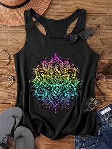Parte superior de tirantes holgada y casual con estampado de flor de loto de henna colorida y ligeramente transparente, ideal para el regreso a clases - Negro - Ver 1