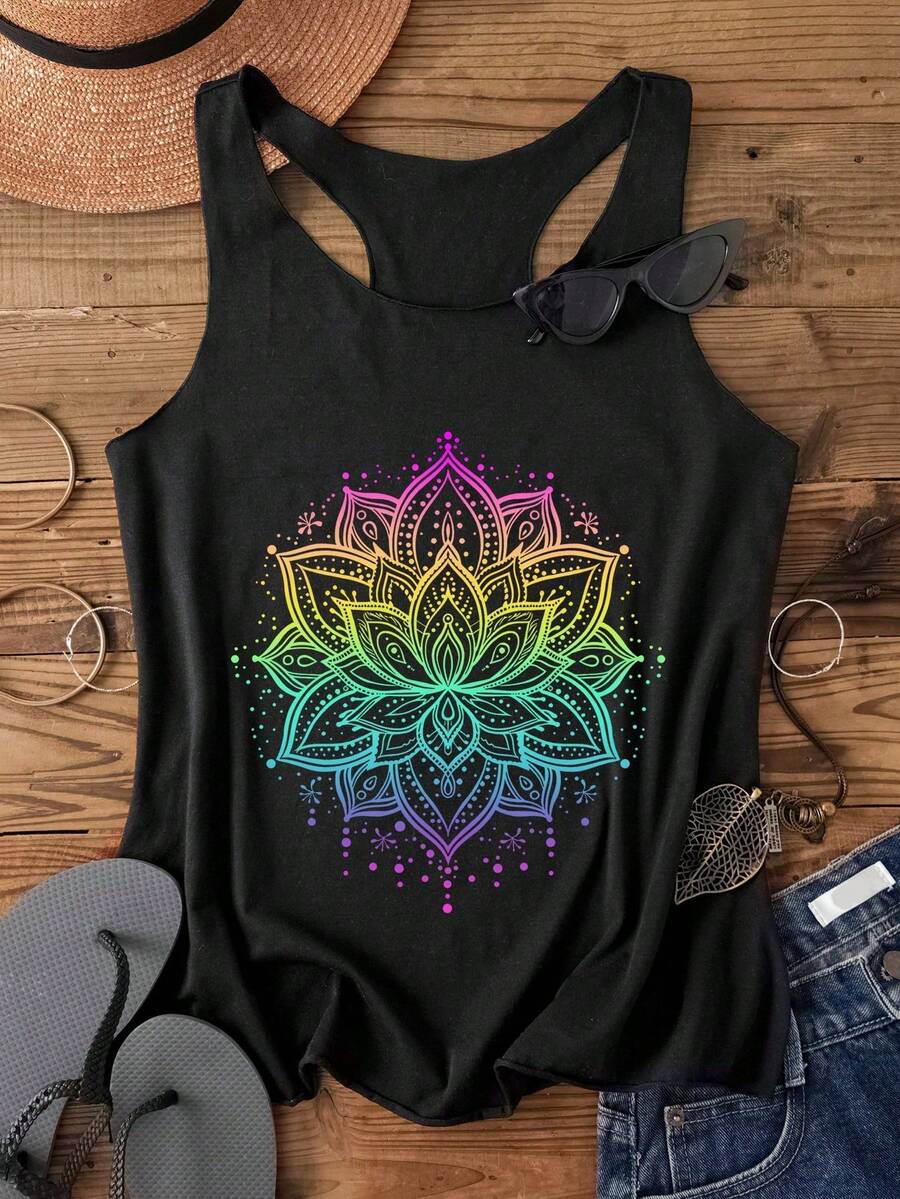 Parte superior de tirantes holgada y casual con estampado de flor de loto de henna colorida y ligeramente transparente, ideal para el regreso a clases - Negro - Ver 1