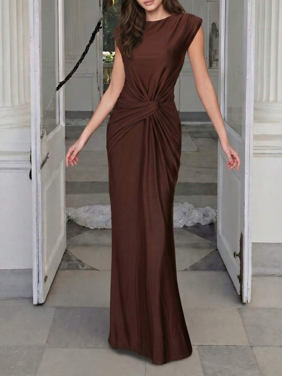 Vestido largo sin mangas con empalme, elegante y sexy para fiesta, vestido formal para ocasiones especiales como bodas en primavera - Café integral - Ver 1
