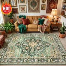 1 Stück Vintage-Perserteppich aus Samt mit grünem Blumenmuster, Boho-Stil, elegant, weich und flauschig, rechteckiger Bodenläufer mit rutschfester Rückseite für Heimdekoration und Raumdekoration, Schlafzimmerdekoration, Wohnzimmer, Garten und Zuhause - A - Übersicht 10
