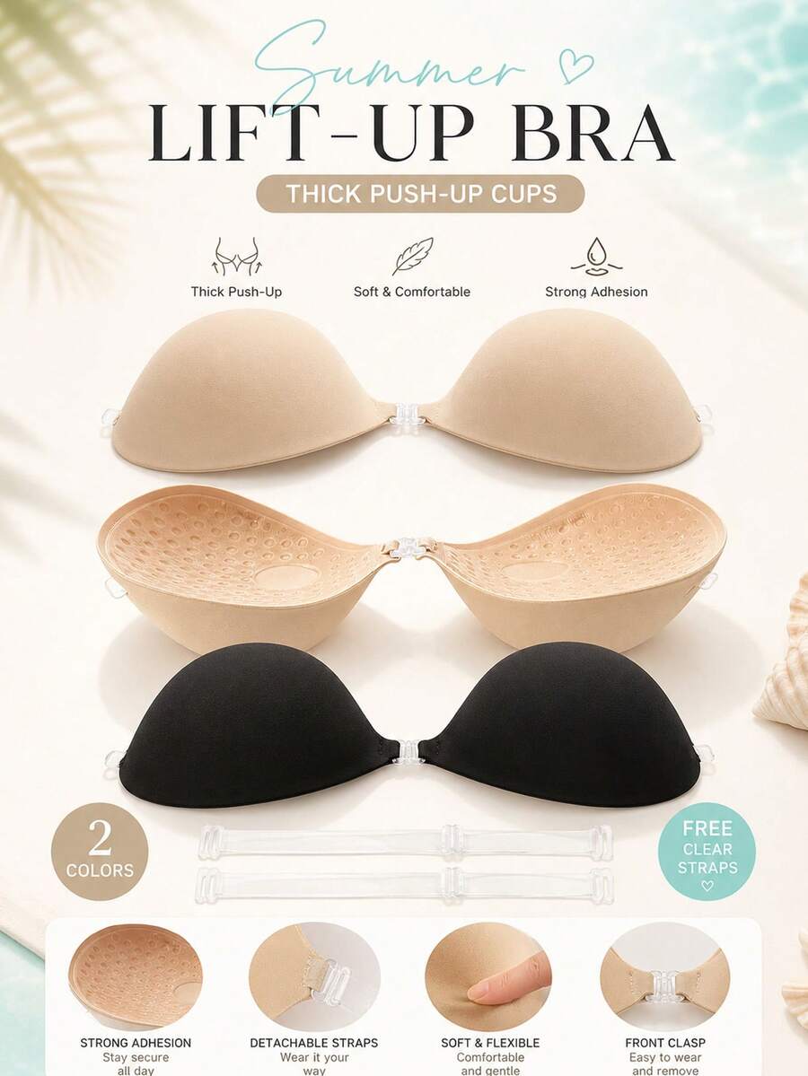2 PIEZAS Sujetador Adhesivo Sin Tirantes con Efecto Push Up para Mujer con Tirantes Transparentes Desmontables, Sujetador Invisible sin Espalda para Vestidos de Verano - Multicolor - Ver 1