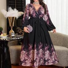 dahkjdgajy  Vestido elegante negro de talla grande con estampado floral elegante y romántico para vacaciones - Morado - Ver 4