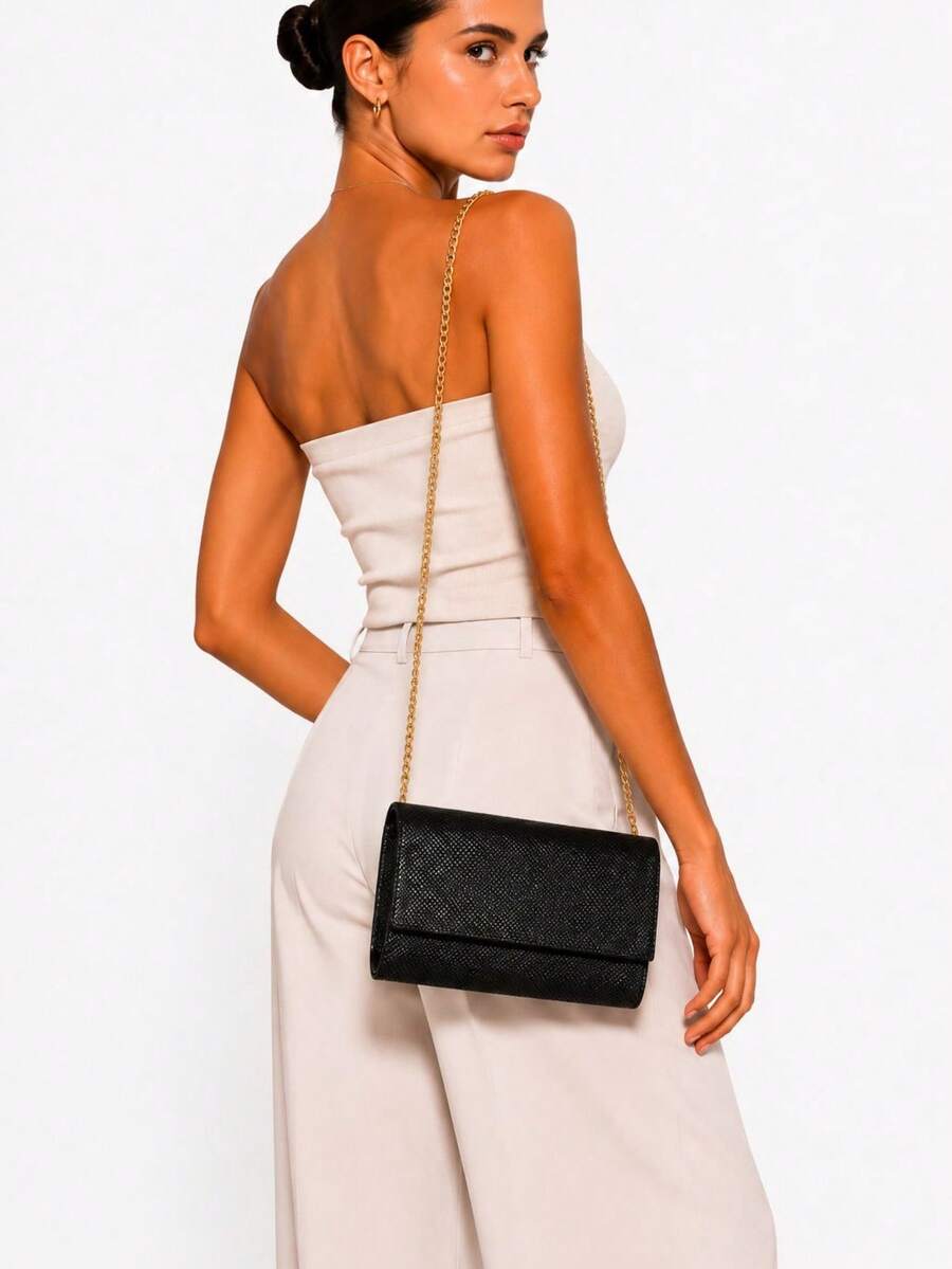 Bolsa Feminina Quadrada Brilhante para Festa Bloguerinha Alça Transversal - Preto - Visão 1