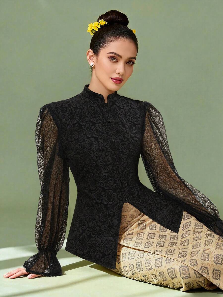 1pc Jacquard Elegant Lace Patchwork Jacquard Women's Blouse, Black, Spring/Summer - Black - View 1