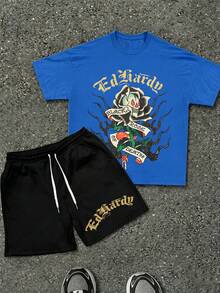 Men's 2PC Tattoo-Style "Skull Rose" Graphic Tee And Shorts. Soft, Breathable Cotton. Streetwear For Summer, Vacation, And Daily Wear. - 藍色 - 查看 2