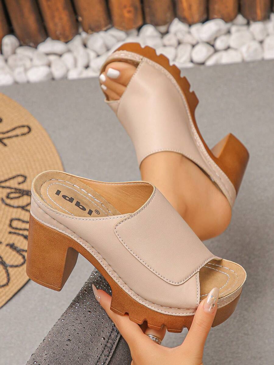 Women's High Heel Sandals Solid Color Hook And Loop Waterproof Platform Extra Wide Lightweight Comfortable Thick Heel Casual Commute Slip-On Sandals Slides Minimalist Summer Beach Style Slip-On Sandals