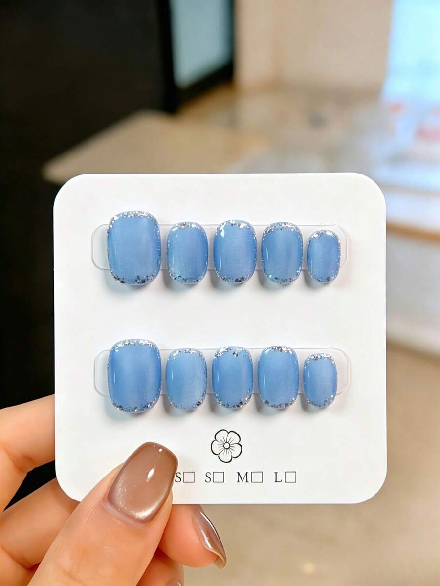 10片手工霧藍貓眼短方圓甲片,混色亮片與水鑽裝飾,可愛美觀,可重複使用,易貼易卸,優雅美甲裝飾,適合女孩與女性日常、派對、婚禮及節日美甲,附膠水、指甲锉及其他美甲用品,手工穿戴甲 - 霧霾藍 - 查看 1