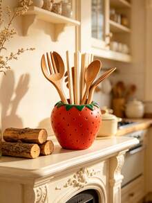 1pc Cute Strawberry Resin Utensil Holder, Playful Fruit Shaped Utensil Storage Box, Durable Resin Material, Can Store Spoons, Forks, Spatulas, Suitable For Kitchen Countertop, Bright Red Design Adds Cheerful Summer Vibe To Cooking Space - Multicolor - View 6