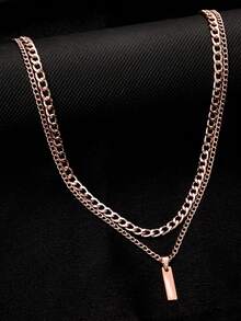 Men's Stainless Steel Cuban Link Chain Necklace Set, 2Pcs Silver Tone Curb Chain With Rectangular Bar Pendant, Hip Hop Punk Fashion Jewelry Gift For Him - Rose Gold - View 3